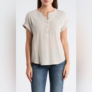 Lucky Brand Mixed Media Short Sleeve Cotton Henley Top - NWT XL